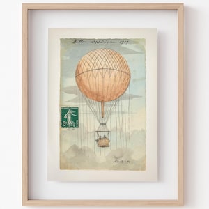 Cartaz vintage em aquarela de balão de ar quente francês do século XIX, impressão de arte de cartão postal francês antigo para download, arte de balão aerostático