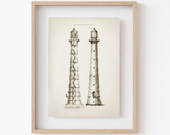 May include: A black and white illustration of two lighthouses with detailed architectural drawings. The lighthouses are tall and slender with a conical roof and a lantern on top. The illustration is framed in a light wood frame.