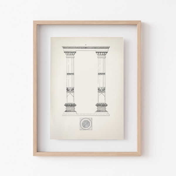 Hindu Columns Architectural Poster, Ancient India Architecture Art Print, Moldings Technical Drawing, Historical Building Plans