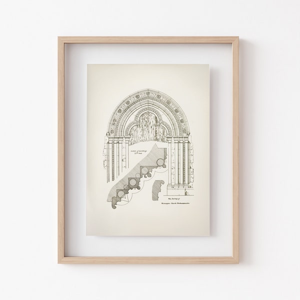 Warmington Church Door Art Print, English Gothic Architecture, Gothic Molding, Technical Drawing, Ancient Church Plan, Medieval building