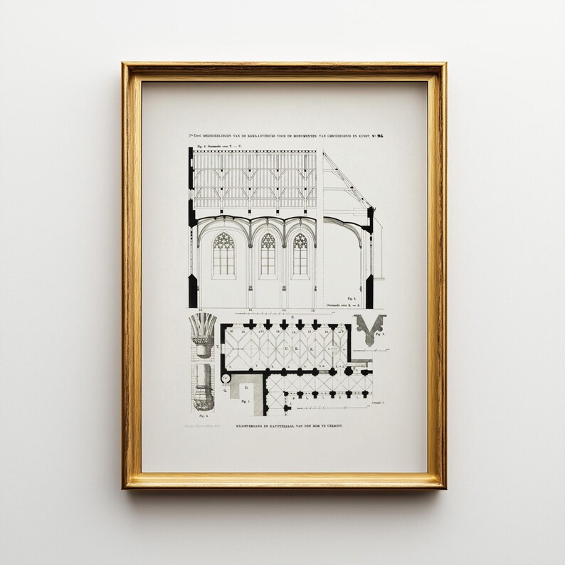 Restored art print of the floor plan, elevation and cross-section of the chapter house and a section of the cloister of Utrecht Cathedral with some details, available for digital download