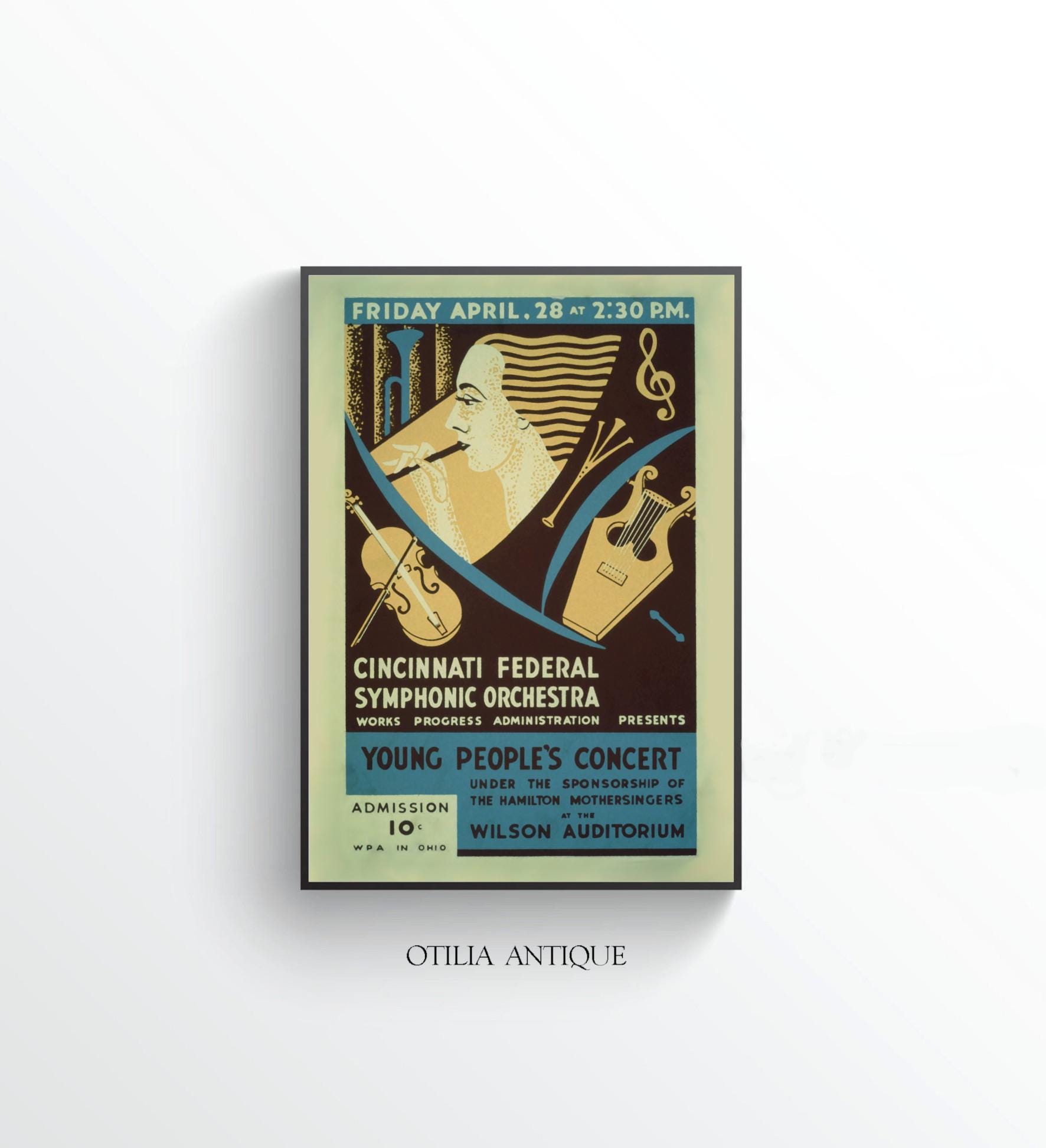 Vintage 1939 Cincinnati Orchestra Poster: Wilson Auditorium Art