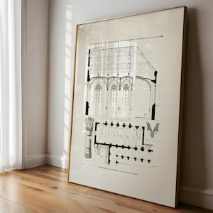 Restored art print of the floor plan, elevation and cross-section of the chapter house and a section of the cloister of Utrecht Cathedral with some details, available for digital download