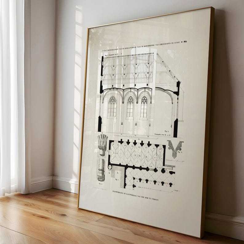 Restored art print of the floor plan, elevation and cross-section of the chapter house and a section of the cloister of Utrecht Cathedral with some details, available for digital download
