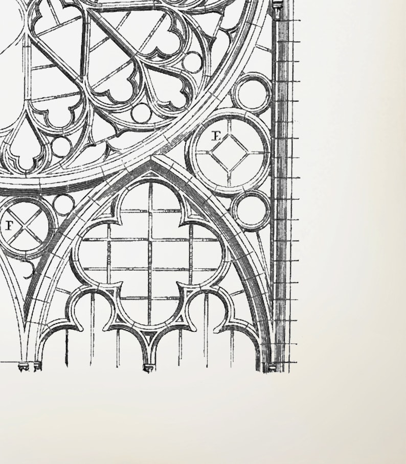 Puede incluir: Ilustraci&oacute;n arquitect&oacute;nica detallada en blanco y negro de un dise&ntilde;o de ventana g&oacute;tica. La imagen presenta intrincados patrones de tracer&iacute;a, incluyendo c&iacute;rculos, cuatrifolios y formas geom&eacute;tricas, con la letra "F" visible en dos elementos circulares.