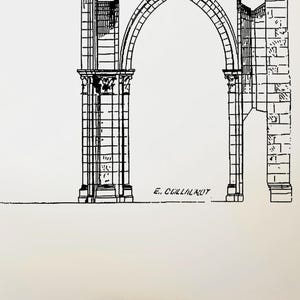 May include: Black and white line drawing of an architectural archway with a person standing to the left. The drawing is signed "E. CULLINAUT."