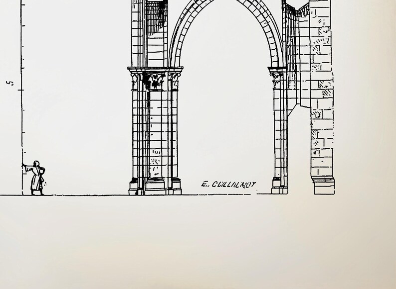 May include: Black and white line drawing of an architectural archway with a person standing to the left. The drawing is signed "E. CULLINAUT."