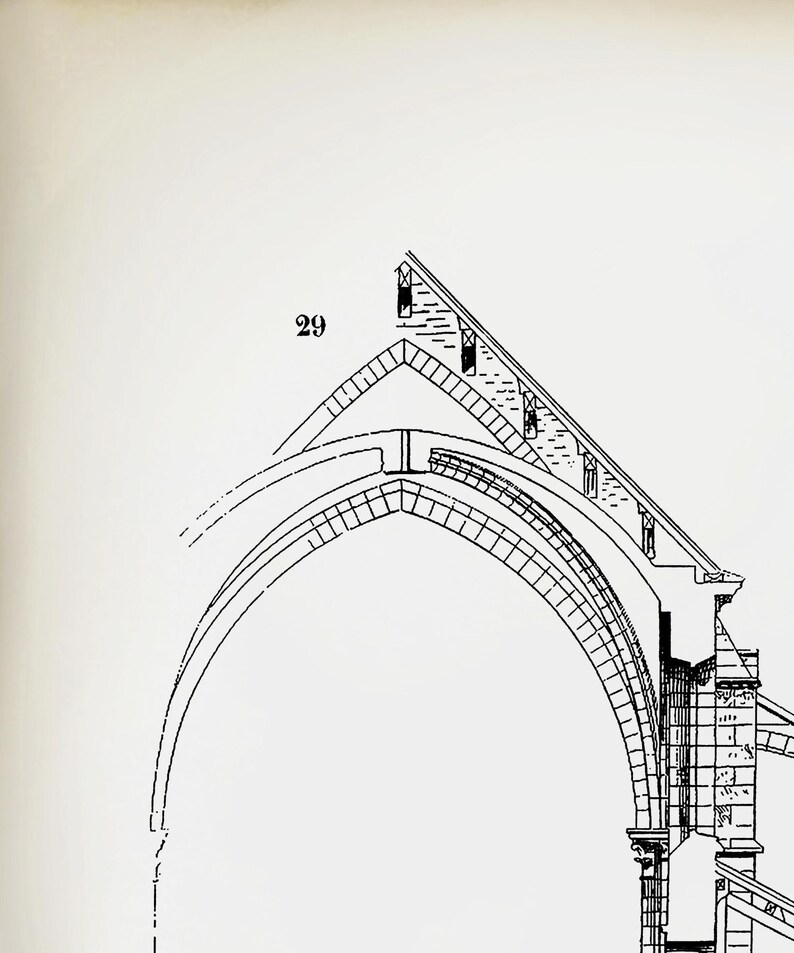 May include: A black and white line drawing of a cross-section of an archway, labeled "29", showing the structural details of the stonework.