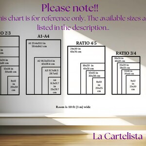 Puede incluir: Un gr&aacute;fico de tama&ntilde;os de impresi&oacute;n en pulgadas y cent&iacute;metros, con proporciones 2:3, 4:5, 3:4 y A1-A4. El texto dice: "&iexcl;Atenci&oacute;n! Esta tabla es solo de referencia. Los tama&ntilde;os disponibles se enumeran en la descripci&oacute;n."