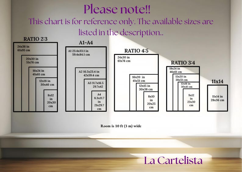 Puede incluir: Un gr&aacute;fico de tama&ntilde;os de impresi&oacute;n en pulgadas y cent&iacute;metros, con proporciones 2:3, 4:5, 3:4 y A1-A4. El texto dice: "&iexcl;Atenci&oacute;n! Esta tabla es solo de referencia. Los tama&ntilde;os disponibles se enumeran en la descripci&oacute;n."