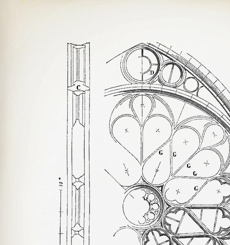 Puede incluir: Dibujo arquitect&oacute;nico de un dise&ntilde;o de ventana con detalles intrincados. El dibujo presenta una vista lateral de un soporte vertical y una vista detallada de la parte superior arqueada de la ventana, mostrando varias formas geom&eacute;tricas y elementos decorativos. La escala se indica con una medida de 25,4 cm.