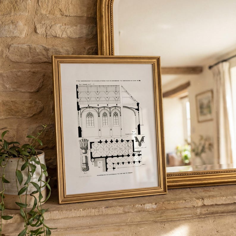 Restored art print of the floor plan, elevation and cross-section of the chapter house and a section of the cloister of Utrecht Cathedral with some details, available for digital download