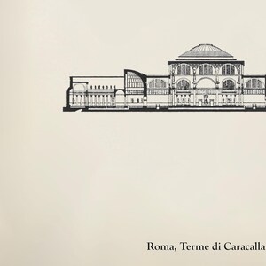 May include: Black and white line drawing of the interior of the Baths of Caracalla in Rome, Italy. The drawing shows the large, domed central hall and the surrounding rooms.