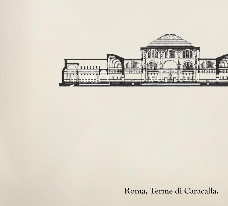 May include: Black and white line drawing of the interior of the Baths of Caracalla in Rome, Italy. The drawing shows the large, domed central hall and the surrounding rooms.
