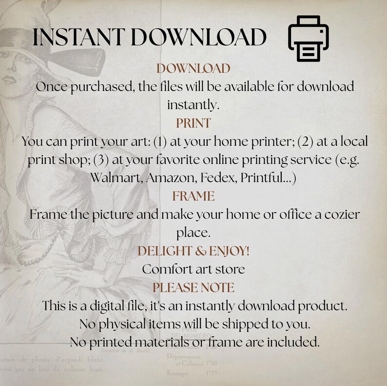 K&ouml;nnte beinhalten: Ein sofortiger Download eines digitalen Kunstdrucks mit dem Text "INSTANT DOWNLOAD". Der Text enth&auml;lt auch Anweisungen zum Drucken der Kunst und einen Hinweis, dass keine physischen Artikel versendet werden.