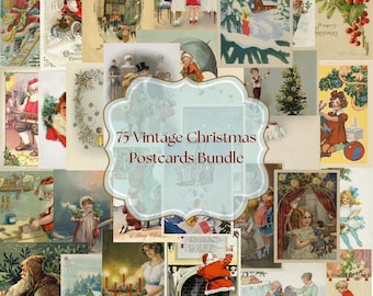 May include: A bundle of 75 vintage Christmas postcards. The postcards showcase illustrations of Father Christmas, children, winter scenes, and festive decorations. The postcards are in various sizes and colours, with a variety of artistic styles.