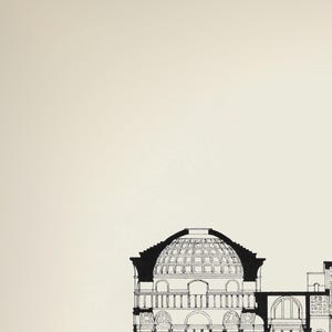 May include: Black and white line drawing of a domed building with a series of arches and windows.