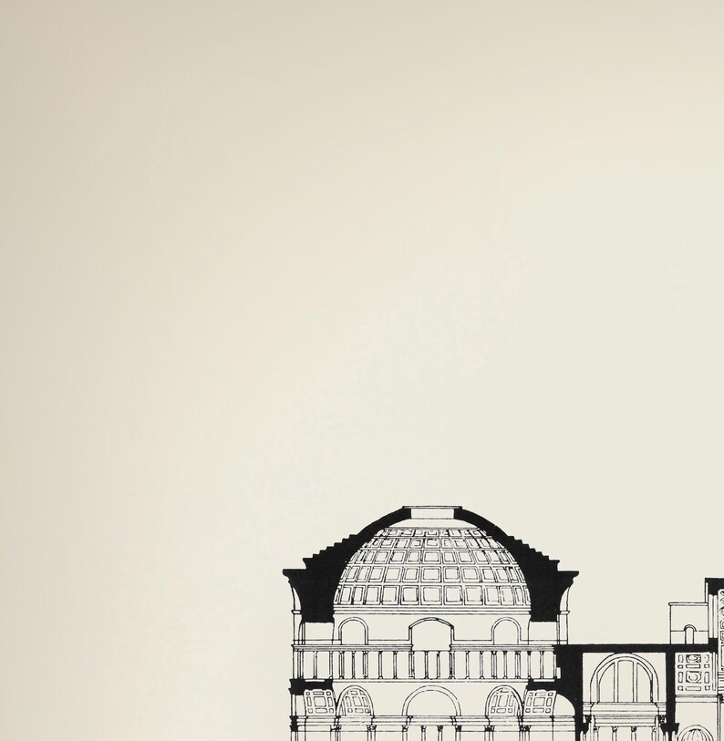 May include: Black and white line drawing of a domed building with a series of arches and windows.