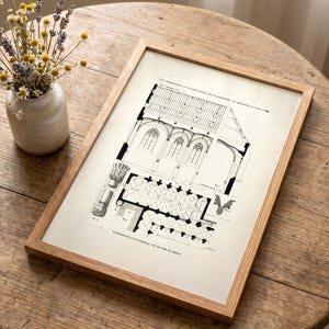 Restored art print of the floor plan, elevation and cross-section of the chapter house and a section of the cloister of Utrecht Cathedral with some details, available for digital download