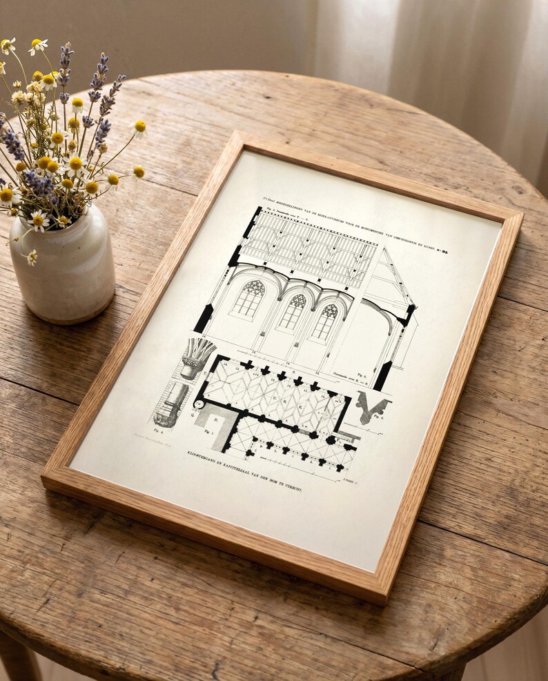 Restored art print of the floor plan, elevation and cross-section of the chapter house and a section of the cloister of Utrecht Cathedral with some details, available for digital download