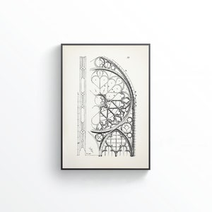 Puede incluir: Impresi&oacute;n enmarcada en negro que presenta un dibujo arquitect&oacute;nico detallado de una ventana g&oacute;tica. El dibujo, en tinta negra, se encuentra sobre un fondo crema, destacando intrincados patrones geom&eacute;tricos. La impresi&oacute;n se exhibe contra una pared blanca.