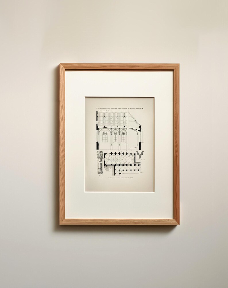 Restored art print of the floor plan, elevation and cross-section of the chapter house and a section of the cloister of Utrecht Cathedral with some details, available for digital download
