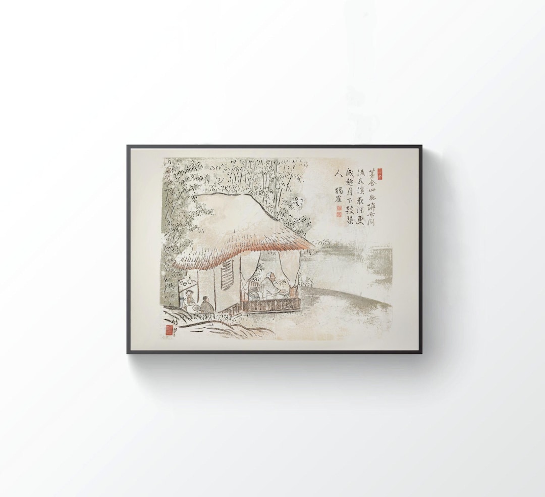 ヴィンテージの日本の水墨画：江戸時代の竹堂図（即時ダウンロード