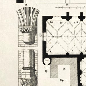 K&ouml;nnte beinhalten: Schwarz-Wei&szlig;-Architekturillustration mit detaillierten Zeichnungen von Geb&auml;udeteilen. Das Bild zeigt einen S&auml;ulenquerschnitt, ein Kapitell und einen Grundriss mit der Bezeichnung "Fig. 1". Die Zeichnungen zeigen komplizierte Details.