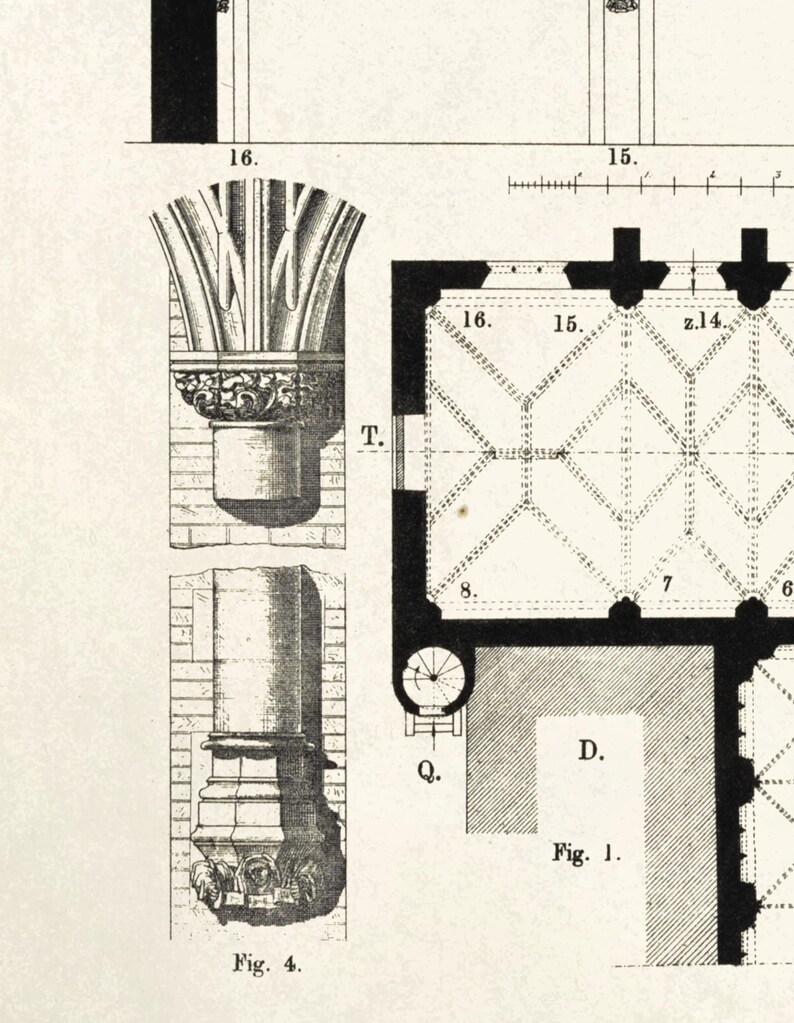 K&ouml;nnte beinhalten: Schwarz-Wei&szlig;-Architekturillustration mit detaillierten Zeichnungen von Geb&auml;udeteilen. Das Bild zeigt einen S&auml;ulenquerschnitt, ein Kapitell und einen Grundriss mit der Bezeichnung "Fig. 1". Die Zeichnungen zeigen komplizierte Details.
