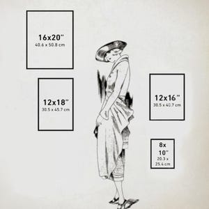 May include: A black and white illustration of a woman wearing a hat and a dress. The image shows different sizes of frames with measurements in inches and centimeters.