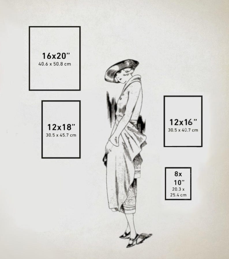May include: A black and white illustration of a woman wearing a hat and a dress. The image shows different sizes of frames with measurements in inches and centimeters.