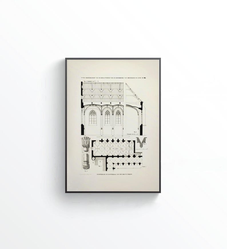 Restored art print of the floor plan, elevation and cross-section of the chapter house and a section of the cloister of Utrecht Cathedral with some details, available for digital download