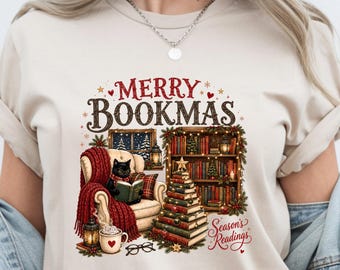 Merry Bookmas T-Shirt: Cozy Cat Reading, Bookshelf Christmas Design