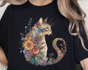Floral Cat Shirt, Botanical Cat Mom T-Shirt