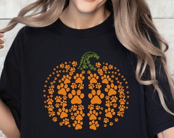 Chemise citrouille à imprimé pattes : t-shirt pour chien d'Halloween pour Thanksgiving