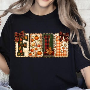T-shirt patchwork à motif automnal, chemise citrouille d'automne, vêtements confortables pour Thanksgiving.