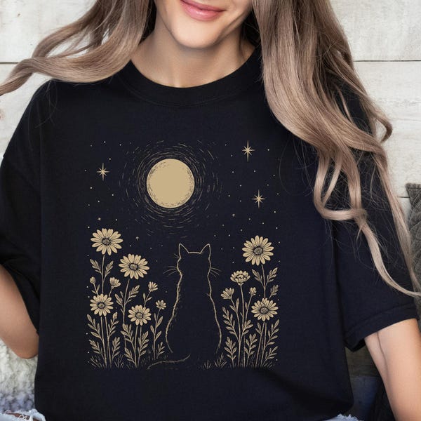 Cat Moon Floral T-Shirt: Unisex Boho Night Sky Graphic Tee
