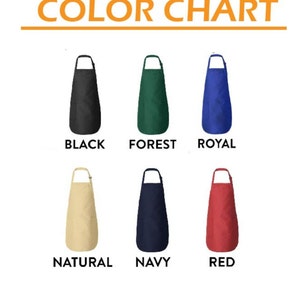 Peut inclure: Nuancier de six couleurs d'tabliers diff&eacute;rentes. Les couleurs sont noir, vert for&ecirc;t, bleu royal, naturel, bleu marine et rouge.