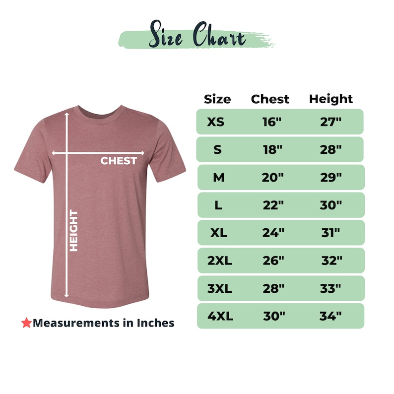 May include: Size chart for a t-shirt with measurements in inches for chest and height. Sizes range from XS to 4XL.