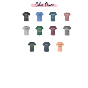 May include: Color chart showing 12 different t-shirt colors. The colors are: Dark Grey Heather, Heather Columbia Blue, Heather Deep Teal, Heather Mauve, Heather Athletic Heather, Heather Grass Green, Heather Maroon, Deep Heather, Heather Forest, Heather Navy, Heather Peach.