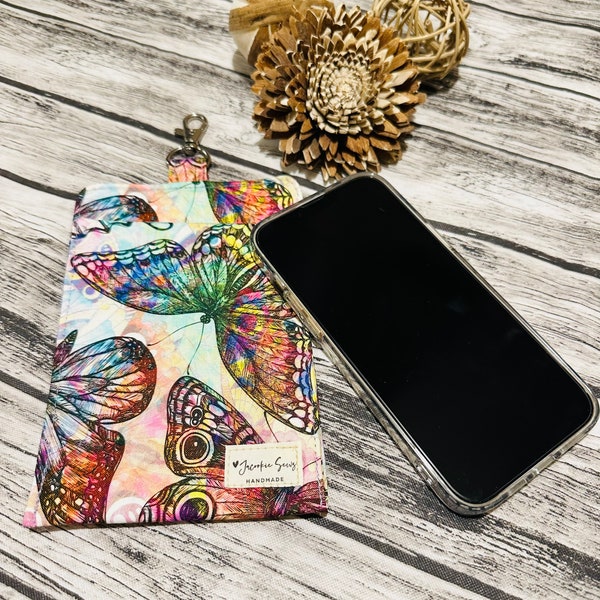 Butterflies Fabric phone case, fabric sleeve for phone, cellphone holder, phone pouch with D ring keychain, phone protector case