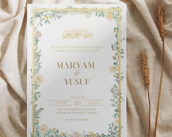 May include: A white wedding invitation with a gold border and floral design. The invitation reads "We request the honour of your presence at the wedding of Maryam & Yusuf" and includes the date, time, and location of the wedding.
