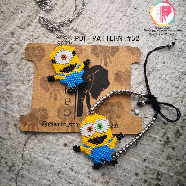Patron PDF Collier Minions, bracelet minions, patron minions, schéma Brickstitch, perles Miyuki delica, motifs brick stitch