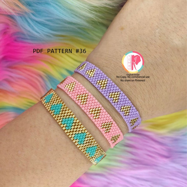 PDF Pattern heart bracelet, Pattern diferent colors, Brickstitch diagram, Miyuki delica beads, brick stitch patterns