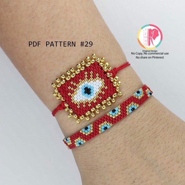 Patron PDF Bracelet oeil protecteur bleu et rouge, diagramme brickstitch, perles Miyuki delica, motifs brick stitch