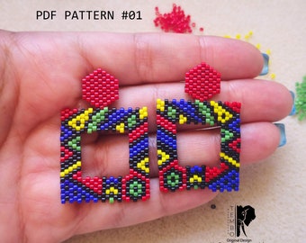 PDF Pattern Miyuki African Colored Earrings, Brickstitch diagram, Miyuki delica beads, brick stitch patterns
