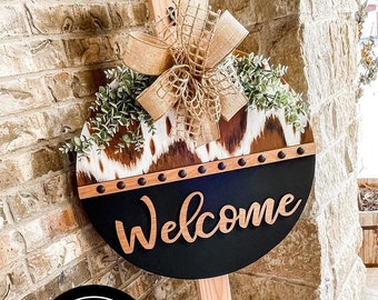 Cowhide Painted Door Hanger, Cowhide Door Hanger, Door Hanger, Wood Door Hanger, Western Door Hanger, Farmhouse Door Hanger. Wreath, Wood