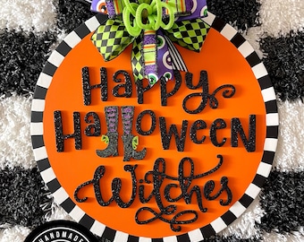 Happy Halloween Witches Door Hanger, Timber Crafts, Timber Crafts Door Hanger, Halloween, Halloween Door Hanger, Halloween Wood Sign