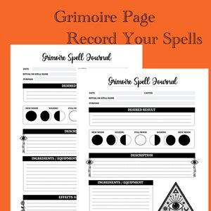 May include: Black and white printable grimoire spell journal pages with a black and white illustration of an eye inside a triangle. The pages include sections for date, ritual or spell name, purpose, desired result, description, ingredients/equipment, and effects & feelings. The pages also include moon phases for new moon, waxing, full moon, waning, and new moon.