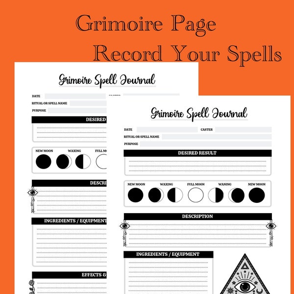 Printable Grimoire Pages, Spell basics, Book of Shadows Pages, Moon spells, Witch Supplies, Grimoire Template, Spell Tracker